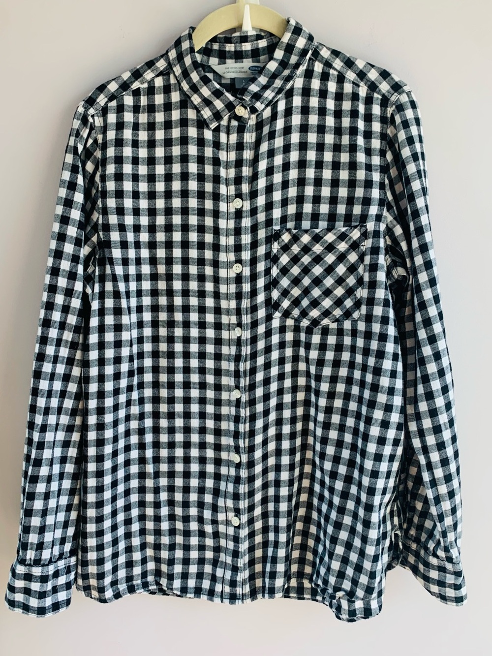 Old Navy Button Front Shirt Black White Check Soft Cotton Casual Boyfriend EUC L